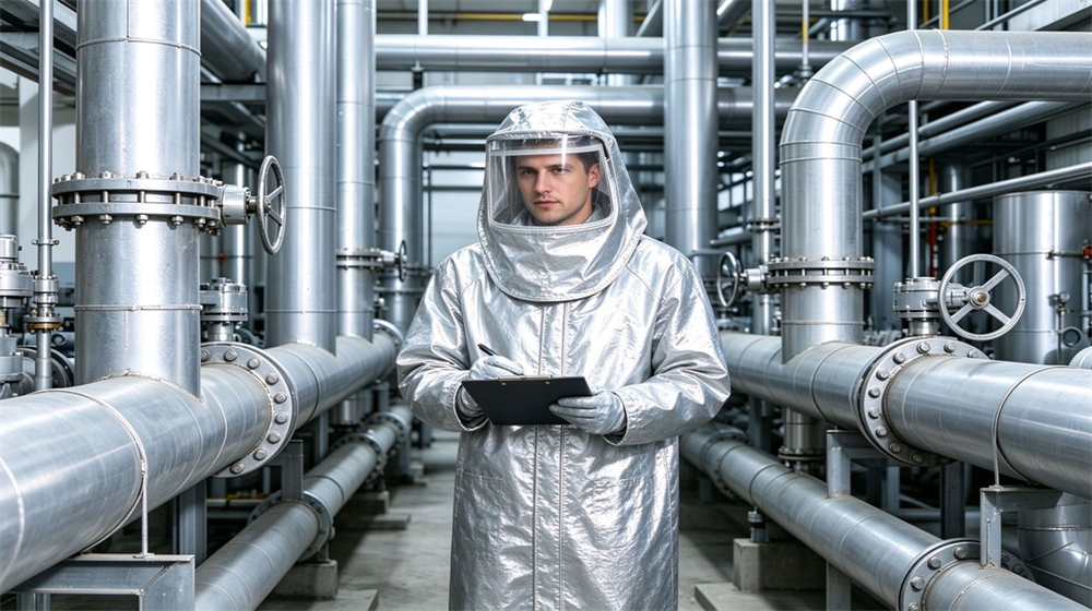 Overhead view of heavy duty protective proximity fire protection coat, Worker in proximity fire protective coat inspecting industrial pipelines, near flame work, demonstrating professional application use in industrial safety environment, designed for wholesale bulk supply and industrial safety procurement.