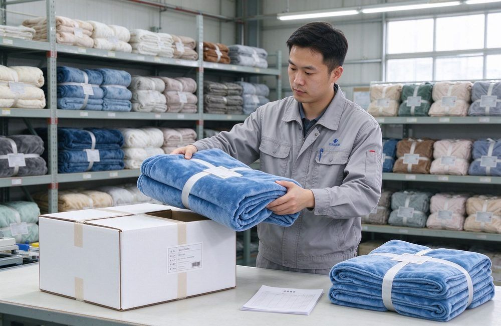 Asian quality inspector holding a folded blanket sample beside an export carton and packing list in a bright factory sample room, showing UN supplier registration sample file