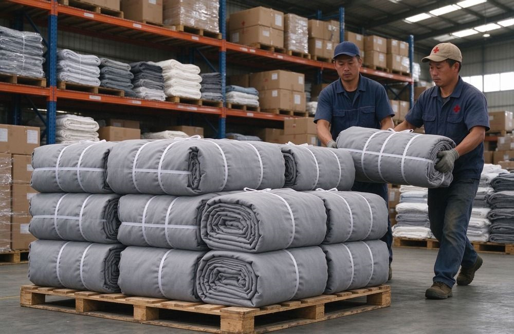 Compressed blanket bales wrapped in waterproof liner and strapped at a bright warehouse, showing pricing and framework agreements bulk delivery for UN contracts