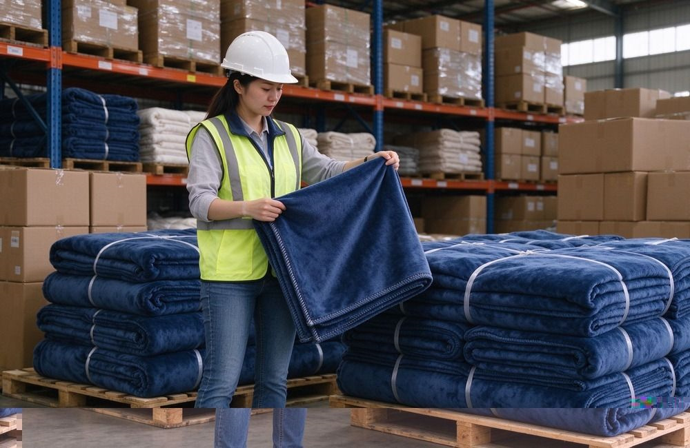 Bright warehouse where staff inspect folded blankets against a packing list beside stacked relief goods, showing common mistakes in UN bids quality verification