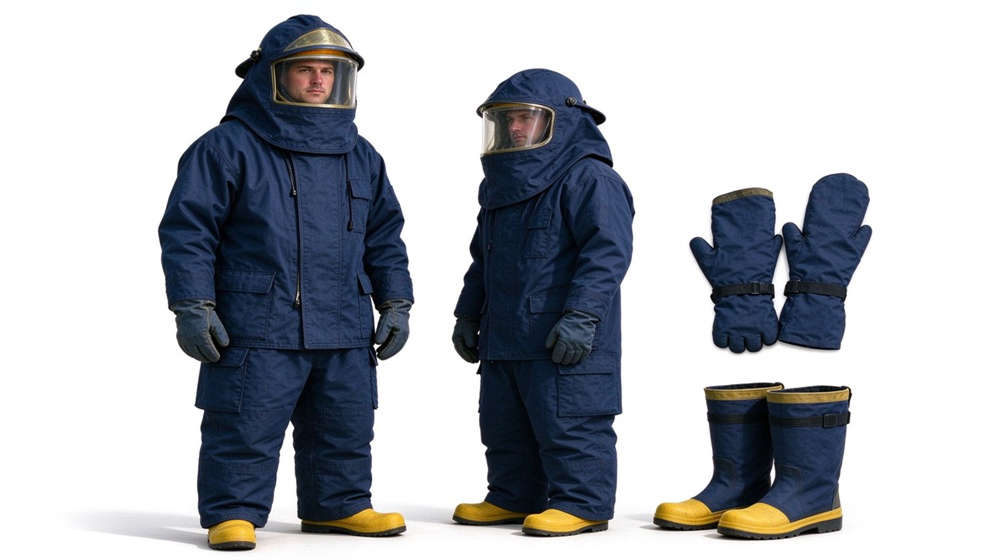 Front view of heavy duty protective steam protective suit, Dark blue steam protective suit with hood, gloves and boots, four layer, demonstrating professional product use in industrial safety environment, designed for wholesale bulk supply and industrial safety procurement.