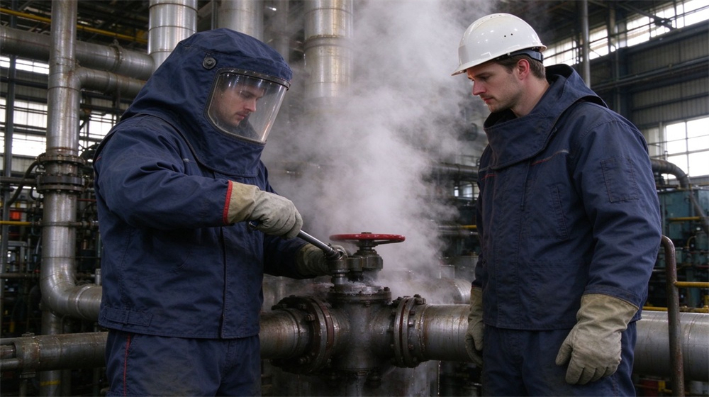 Side angle of heavy duty protective steam protective suit, Steam pipe leak repair crew in dark blue steam protective suits, high, demonstrating professional application use in industrial safety environment, designed for wholesale bulk supply and industrial safety procurement. Side angle of heavy duty protective steam protective suit, Steam pipe leak repair crew in dark blue steam protective suits, high, demonstrating professional application use in industrial safety environment, designed for wholesale bulk supply and industrial safety procurement.