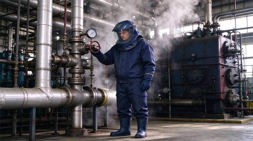 Aerial perspective of heavy duty protective steam protective suit, Boiler room steam inspection worker in dark blue steam suit with anti, demonstrating professional application use in industrial safety environment, designed for wholesale bulk supply and industrial safety procurement. Aerial perspective of heavy duty protective steam protective suit, Boiler room steam inspection worker in dark blue steam suit with anti, demonstrating professional application use in industrial safety environment, designed for wholesale bulk supply and industrial safety procurement.