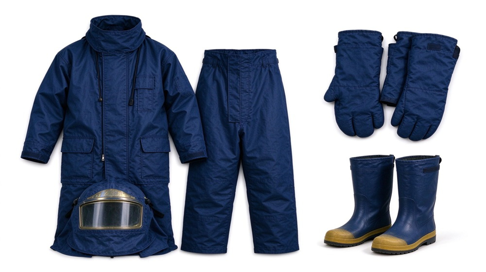 Close up detail of heavy duty protective steam protective suit, Five piece dark blue steam protective suit set with hood jacket pants, demonstrating professional product use in industrial safety environment, designed for wholesale bulk supply and industrial safety procurement. Close up detail of heavy duty protective steam protective suit, Five piece dark blue steam protective suit set with hood jacket pants, demonstrating professional product use in industrial safety environment, designed for wholesale bulk supply and industrial safety procurement.