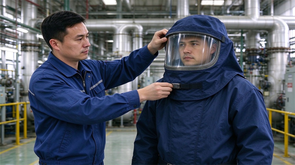 Wide shot of heavy duty protective steam protective suit, Worker adjusting visor seal before steam operation in dark blue suit, steam, demonstrating professional application use in industrial safety environment, designed for wholesale bulk supply and industrial safety procurement. Wide shot of heavy duty protective steam protective suit, Worker adjusting visor seal before steam operation in dark blue suit, steam, demonstrating professional application use in industrial safety environment, designed for wholesale bulk supply and industrial safety procurement.