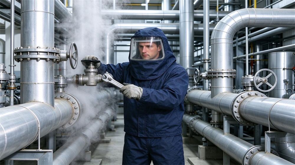 Macro detail of heavy duty protective steam protective suit, Steam pipe valve maintenance worker in dark blue steam protective suit, high, demonstrating professional application use in industrial safety environment, designed for wholesale bulk supply and industrial safety procurement. Macro detail of heavy duty protective steam protective suit, Steam pipe valve maintenance worker in dark blue steam protective suit, high, demonstrating professional application use in industrial safety environment, designed for wholesale bulk supply and industrial safety procurement.