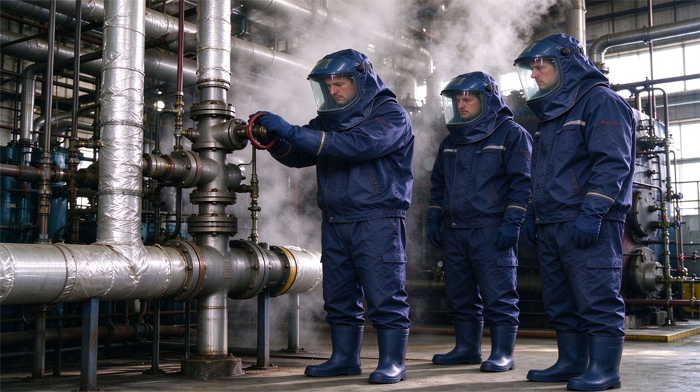 Aerial perspective of heavy duty protective steam protective suit, High pressure steam leak emergency drill crew in dark blue steam suits,, demonstrating professional application use in industrial safety environment, designed for wholesale bulk supply and industrial safety procurement. Aerial perspective of heavy duty protective steam protective suit, High pressure steam leak emergency drill crew in dark blue steam suits,, demonstrating professional application use in industrial safety environment, designed for wholesale bulk supply and industrial safety procurement.