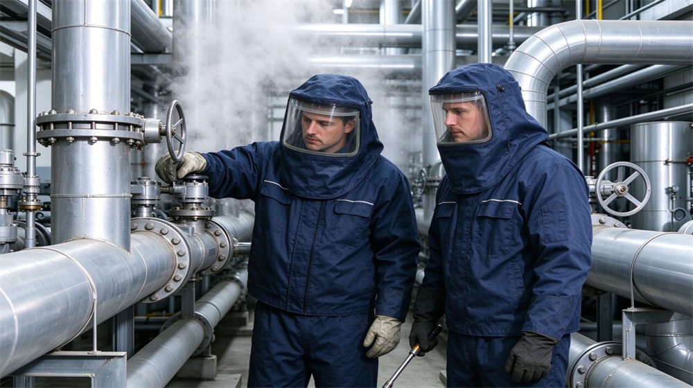 Close up detail of heavy duty protective steam protective suit, Two workers at steam pipe repair point in dark blue steam protective, demonstrating professional application use in industrial safety environment, designed for wholesale bulk supply and industrial safety procurement. Close up detail of heavy duty protective steam protective suit, Two workers at steam pipe repair point in dark blue steam protective, demonstrating professional application use in industrial safety environment, designed for wholesale bulk supply and industrial safety procurement.