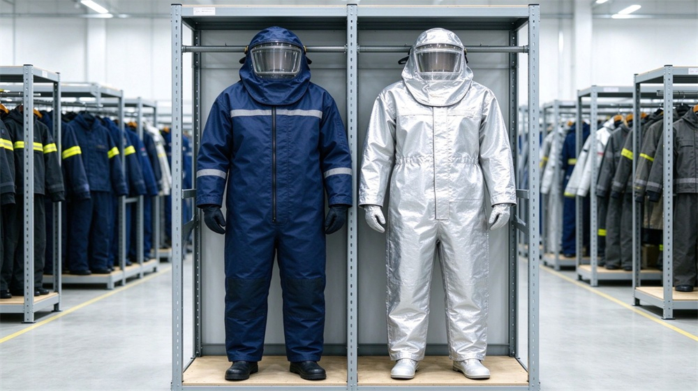 45 degree angle of heavy duty protective steam protective suit, Steam suit versus heat resistant suit on hangers, dark blue versus silver,, demonstrating professional comparison use in industrial safety environment, designed for wholesale bulk supply and industrial safety procurement. 45 degree angle of heavy duty protective steam protective suit, Steam suit versus heat resistant suit on hangers, dark blue versus silver,, demonstrating professional comparison use in industrial safety environment, designed for wholesale bulk supply and industrial safety procurement.