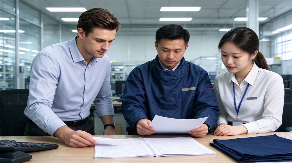 Overhead view of heavy duty protective steam protective suit, Buyer reviewing batch test report with steam protective suit samples in office,, demonstrating professional application use in industrial safety environment, designed for wholesale bulk supply and industrial safety procurement. Overhead view of heavy duty protective steam protective suit, Buyer reviewing batch test report with steam protective suit samples in office,, demonstrating professional application use in industrial safety environment, designed for wholesale bulk supply and industrial safety procurement.
