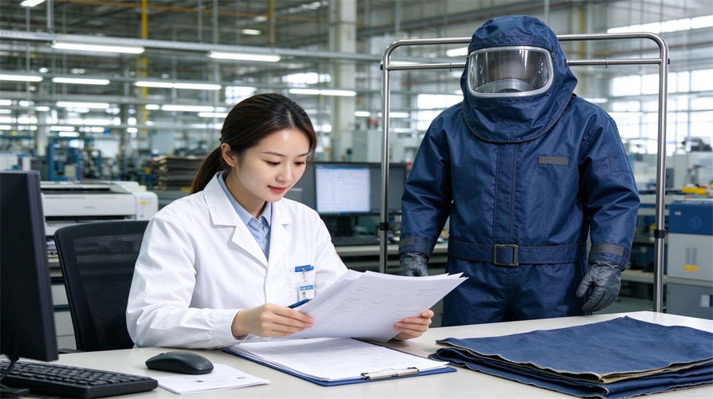Macro detail of heavy duty protective steam protective suit, Quality inspector reviewing steam suit batch documents in factory office, steam protective, demonstrating professional application use in industrial safety environment, designed for wholesale bulk supply and industrial safety procurement. Macro detail of heavy duty protective steam protective suit, Quality inspector reviewing steam suit batch documents in factory office, steam protective, demonstrating professional application use in industrial safety environment, designed for wholesale bulk supply and industrial safety procurement.