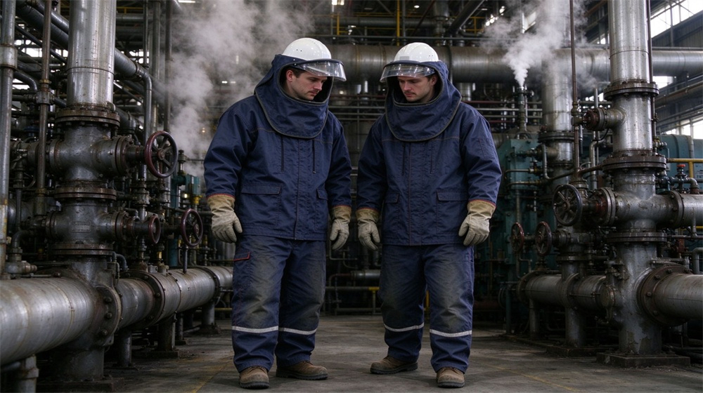 Side angle of heavy duty protective steam protective suit, Two boiler room inspectors in dark blue steam protective suits near steam, demonstrating professional application use in industrial safety environment, designed for wholesale bulk supply and industrial safety procurement.