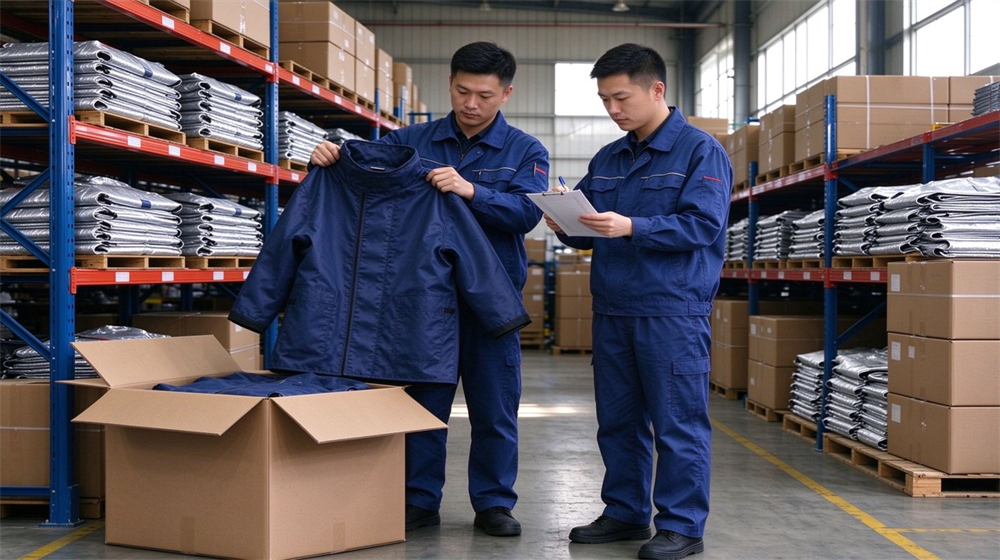 Wide shot of heavy duty protective steam protective suit, Warehouse inventory of dark blue steam suit finished stock with asian worker,, demonstrating professional application use in industrial safety environment, designed for wholesale bulk supply and industrial safety procurement. Wide shot of heavy duty protective steam protective suit, Warehouse inventory of dark blue steam suit finished stock with asian worker,, demonstrating professional application use in industrial safety environment, designed for wholesale bulk supply and industrial safety procurement.