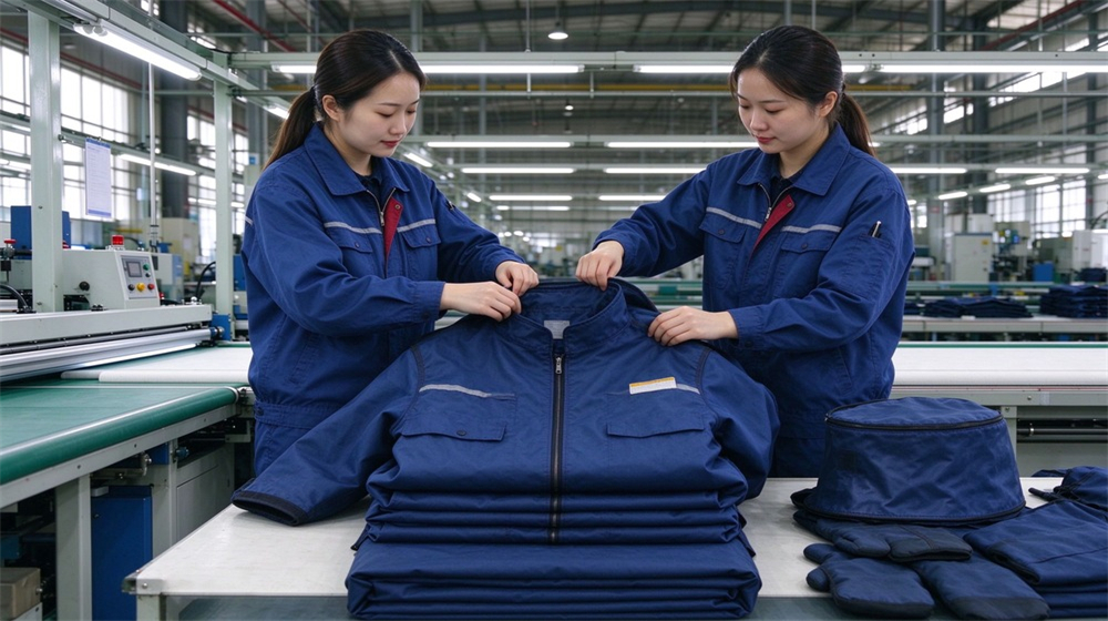 Macro detail of heavy duty protective steam protective suit, Folding packing of dark blue steam protective suits by factory asian workers,, demonstrating professional application use in industrial safety environment, designed for wholesale bulk supply and industrial safety procurement.