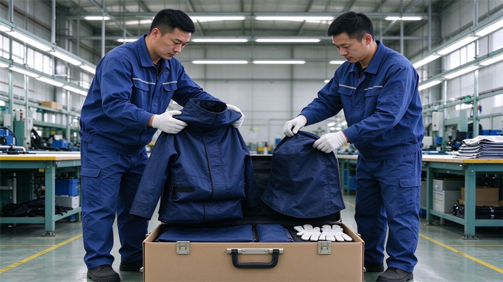 Front view of heavy duty protective steam protective suit, Boxing steam protective suits into export cartons by asian workers, steam protective, demonstrating professional application use in industrial safety environment, designed for wholesale bulk supply and industrial safety procurement. Front view of heavy duty protective steam protective suit, Boxing steam protective suits into export cartons by asian workers, steam protective, demonstrating professional application use in industrial safety environment, designed for wholesale bulk supply and industrial safety procurement.