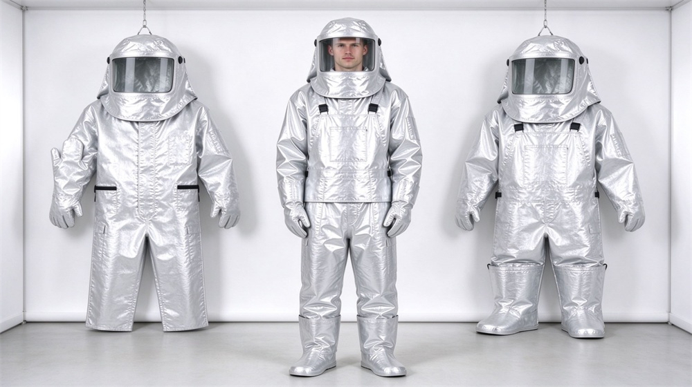 Front view of heavy duty protective molten metal furnace front suit, Wholesale molten metal furnace front suit with hood gloves and boots on, demonstrating professional product use in industrial safety environment, designed for wholesale bulk supply and industrial safety procurement.
