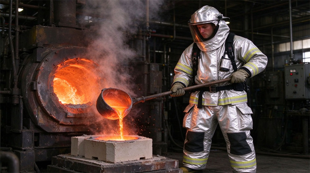 Aerial perspective of heavy duty protective molten metal furnace front suit, Molten metal pouring worker in silver split furnace front suit at foundry, demonstrating professional application use in industrial safety environment, designed for wholesale bulk supply and industrial safety procurement. Aerial perspective of heavy duty protective molten metal furnace front suit, Molten metal pouring worker in silver split furnace front suit at foundry, demonstrating professional application use in industrial safety environment, designed for wholesale bulk supply and industrial safety procurement.