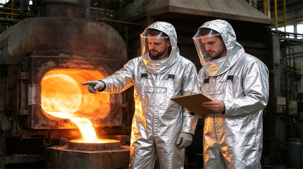 Close up detail of heavy duty protective molten metal furnace front suit, Two furnace front inspection workers in silver furnace front suits near smelting, demonstrating professional application use in industrial safety environment, designed for wholesale bulk supply and industrial safety Close up detail of heavy duty protective molten metal furnace front suit, Two furnace front inspection workers in silver furnace front suits near smelting, demonstrating professional application use in industrial safety environment, designed for wholesale bulk supply and industrial safety