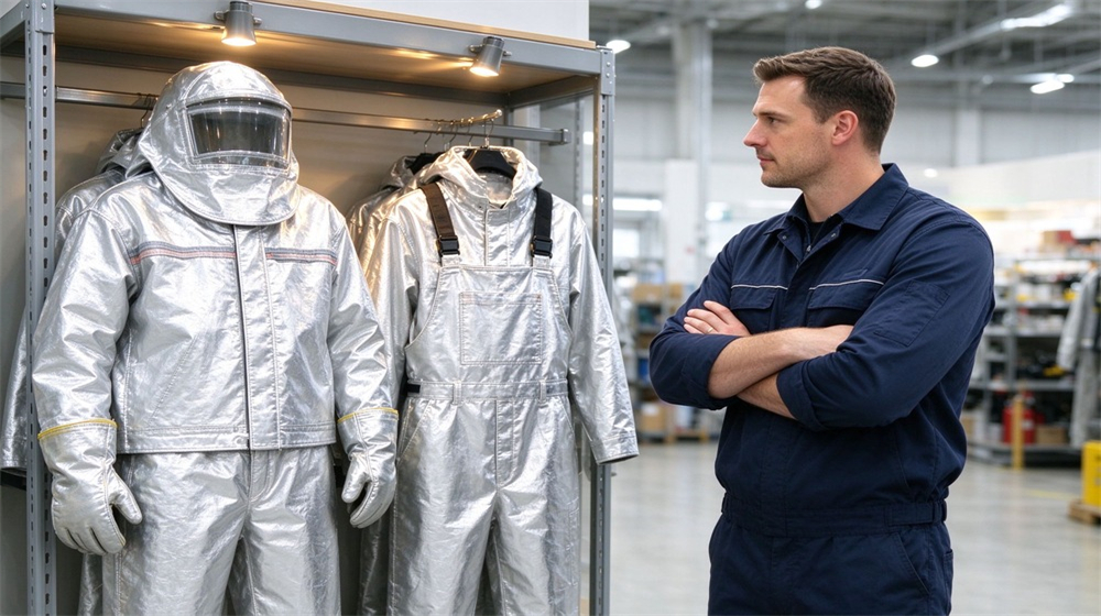 45 degree angle of heavy duty protective molten metal furnace front suit, Silver furnace front suit beside aluminized coverall in factory showroom, comparing molten, demonstrating professional comparison use in industrial safety environment, designed for wholesale bulk supply and industrial safety 45 degree angle of heavy duty protective molten metal furnace front suit, Silver furnace front suit beside aluminized coverall in factory showroom, comparing molten, demonstrating professional comparison use in industrial safety environment, designed for wholesale bulk supply and industrial safety