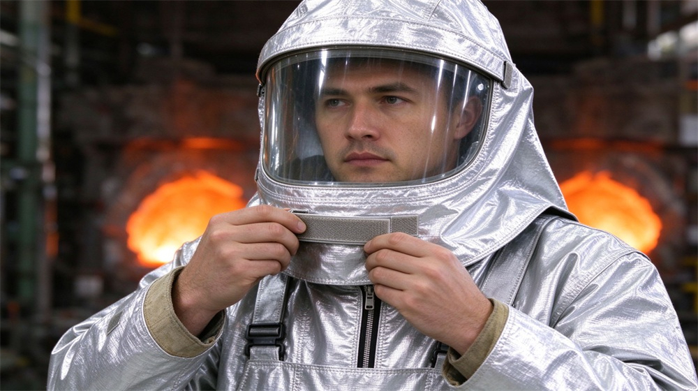 Overhead view of heavy duty protective molten metal furnace front suit, Close up of high temperature face shield on silver furnace suit hood,, demonstrating professional product use in industrial safety environment, designed for wholesale bulk supply and industrial safety procurement. Overhead view of heavy duty protective molten metal furnace front suit, Close up of high temperature face shield on silver furnace suit hood,, demonstrating professional product use in industrial safety environment, designed for wholesale bulk supply and industrial safety procurement.