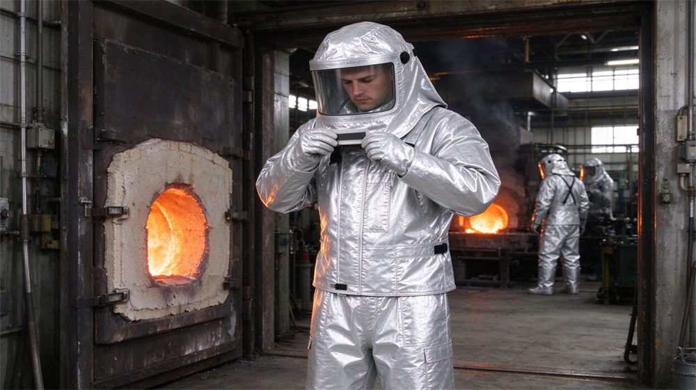 Wide shot of heavy duty protective molten metal furnace front suit, Worker adjusting hood seal of silver furnace front suit before furnace work,, demonstrating professional application use in industrial safety environment, designed for wholesale bulk supply and industrial safety procurement.