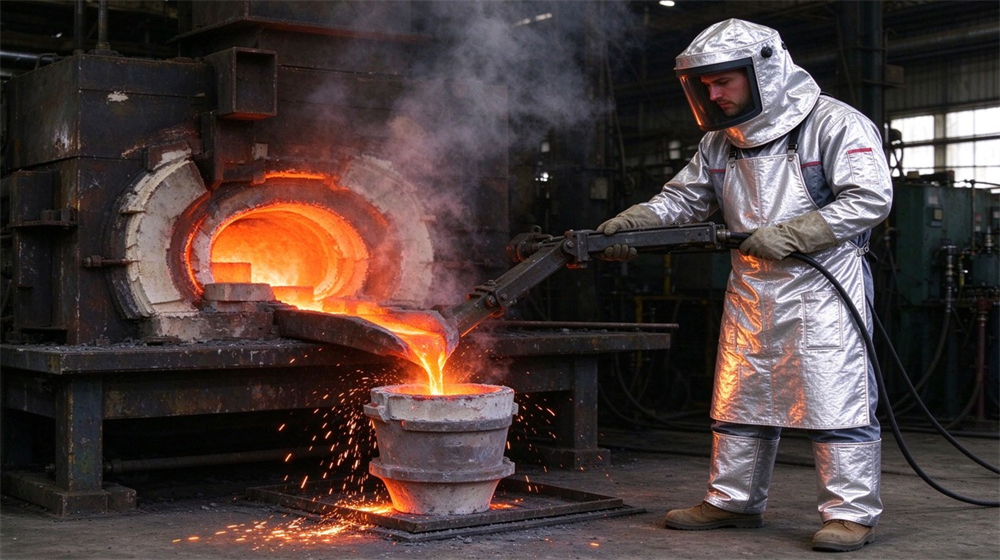 Aerial perspective of heavy duty protective molten metal furnace front suit, Induction furnace pouring molten steel worker in silver furnace suit, molten steel, demonstrating professional application use in industrial safety environment, designed for wholesale bulk supply and industrial safety procurement. Aerial perspective of heavy duty protective molten metal furnace front suit, Induction furnace pouring molten steel worker in silver furnace suit, molten steel, demonstrating professional application use in industrial safety environment, designed for wholesale bulk supply and industrial safety procurement.