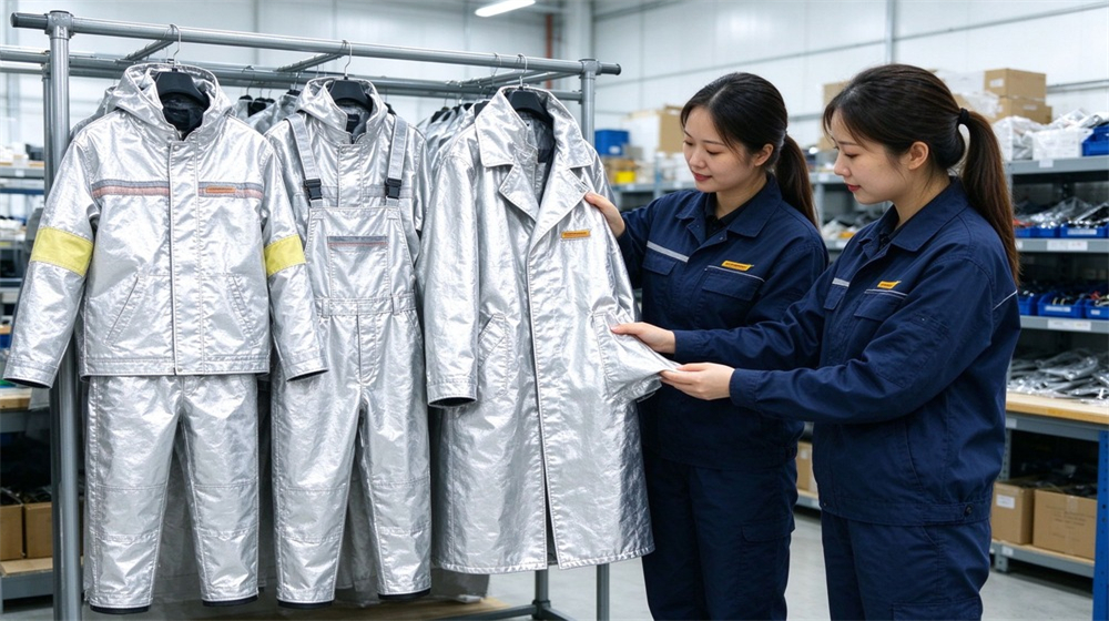 45 degree angle of heavy duty protective molten metal furnace front suit, Silver furnace suit versus heat resistant coat hanging side by side on, demonstrating professional comparison use in industrial safety environment, designed for wholesale bulk supply and industrial safety 45 degree angle of heavy duty protective molten metal furnace front suit, Silver furnace suit versus heat resistant coat hanging side by side on, demonstrating professional comparison use in industrial safety environment, designed for wholesale bulk supply and industrial safety