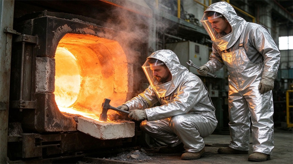 Close up detail of heavy duty protective molten metal furnace front suit, Two workers repairing furnace front point in silver furnace suits, furnace front, demonstrating professional application use in industrial safety environment, designed for wholesale bulk supply and industrial safety