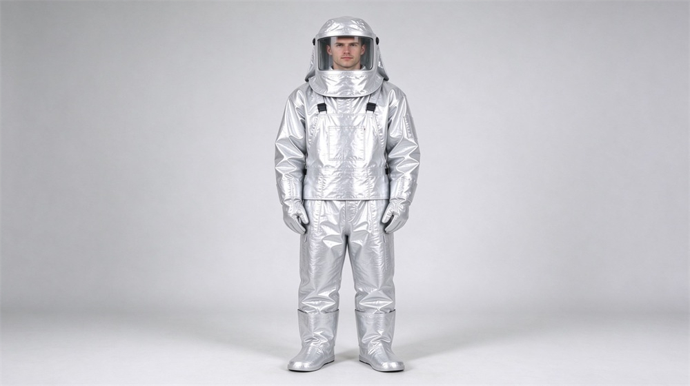 Front view of heavy duty protective molten metal furnace front suit, Two molten metal furnace suit workers checking furnace temperature with pyrometer and, demonstrating professional application use in industrial safety environment, designed for wholesale bulk supply and industrial safety procurement.