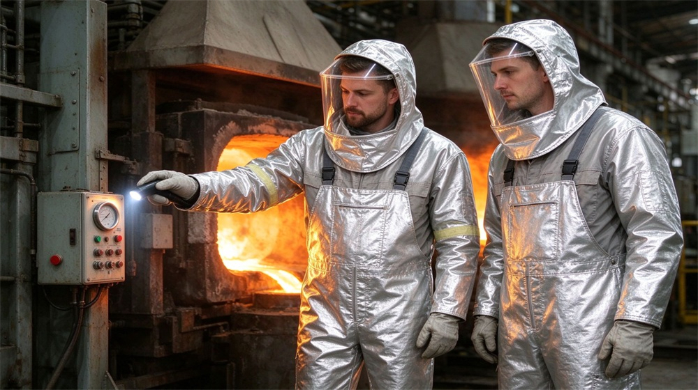 Side angle of heavy duty protective molten metal furnace front suit, Two furnace inspectors in silver furnace suits at furnace area, furnace operation, demonstrating professional application use in industrial safety environment, designed for wholesale bulk supply and industrial safety procurement. Side angle of heavy duty protective molten metal furnace front suit, Two furnace inspectors in silver furnace suits at furnace area, furnace operation, demonstrating professional application use in industrial safety environment, designed for wholesale bulk supply and industrial safety procurement.