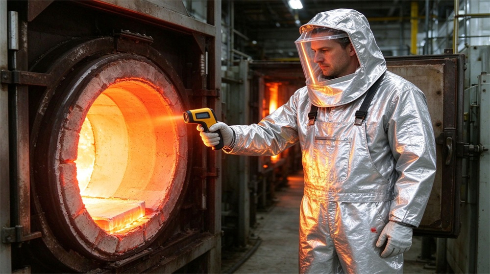 Aerial perspective of heavy duty protective molten metal furnace front suit, Furnace lining inspection worker with thermal camera in silver furnace suit, high, demonstrating professional application use in industrial safety environment, designed for wholesale bulk supply and industrial safety procurement.