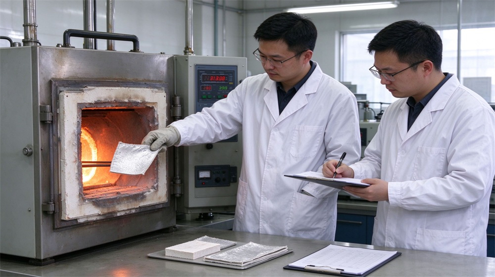 45 degree angle of heavy duty protective molten metal furnace front suit, High temperature testing of silver furnace suit fabric in laboratory, fire resistant, demonstrating professional info use in industrial safety environment, designed for wholesale bulk supply and industrial safety