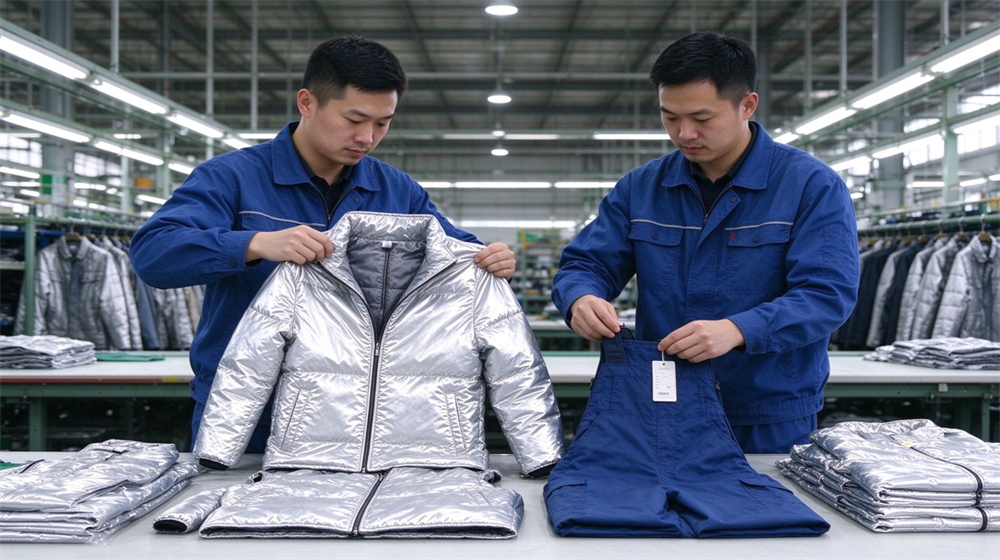 Overhead view of heavy duty protective molten metal furnace front suit, Workshop sorting and quality check of silver furnace suits handled by factory, demonstrating professional application use in industrial safety environment, designed for wholesale bulk supply and industrial safety procurement.