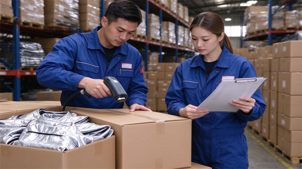 Side angle of heavy duty protective molten metal furnace front suit, Warehouse barcode scanning of furnace suit cartons at dispatch, export logistics for, demonstrating professional application use in industrial safety environment, designed for wholesale bulk supply and industrial safety procurement.