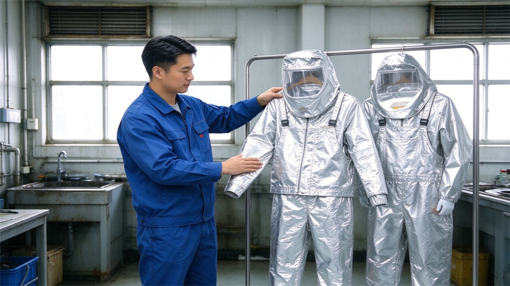 Close up detail of heavy duty protective molten metal furnace front suit, Airing and maintenance of silver furnace suits on hangers by maintenance staff,, demonstrating professional application use in industrial safety environment, designed for wholesale bulk supply and industrial safety
