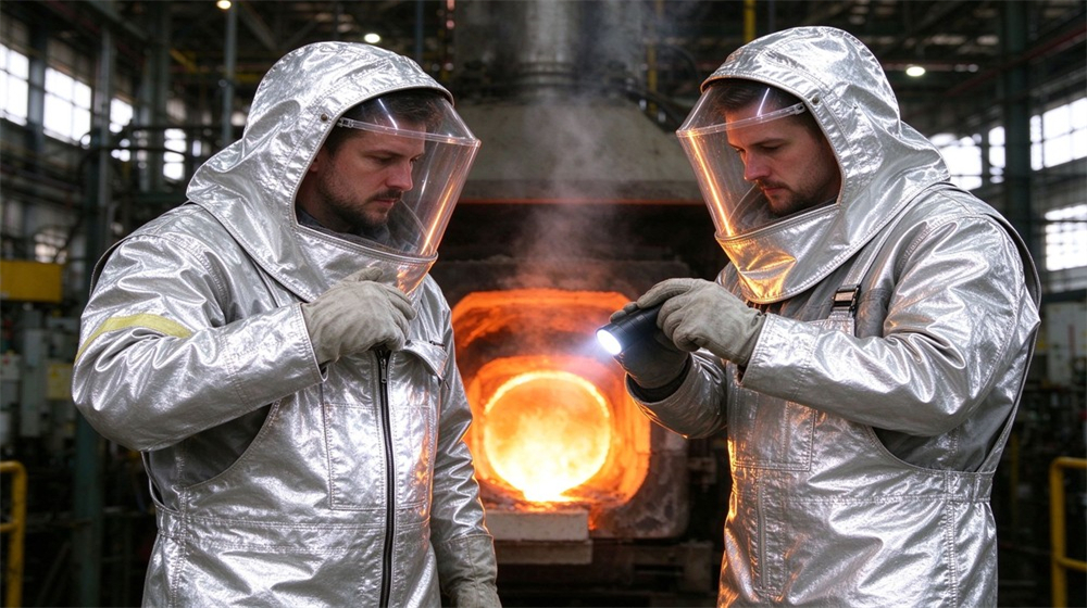 Macro detail of heavy duty protective molten metal furnace front suit, Two western furnace workers checking the shoulder seam and front closure of, demonstrating professional application use in industrial safety environment, designed for wholesale bulk supply and industrial safety procurement. Macro detail of heavy duty protective molten metal furnace front suit, Two western furnace workers checking the shoulder seam and front closure of, demonstrating professional application use in industrial safety environment, designed for wholesale bulk supply and industrial safety procurement.