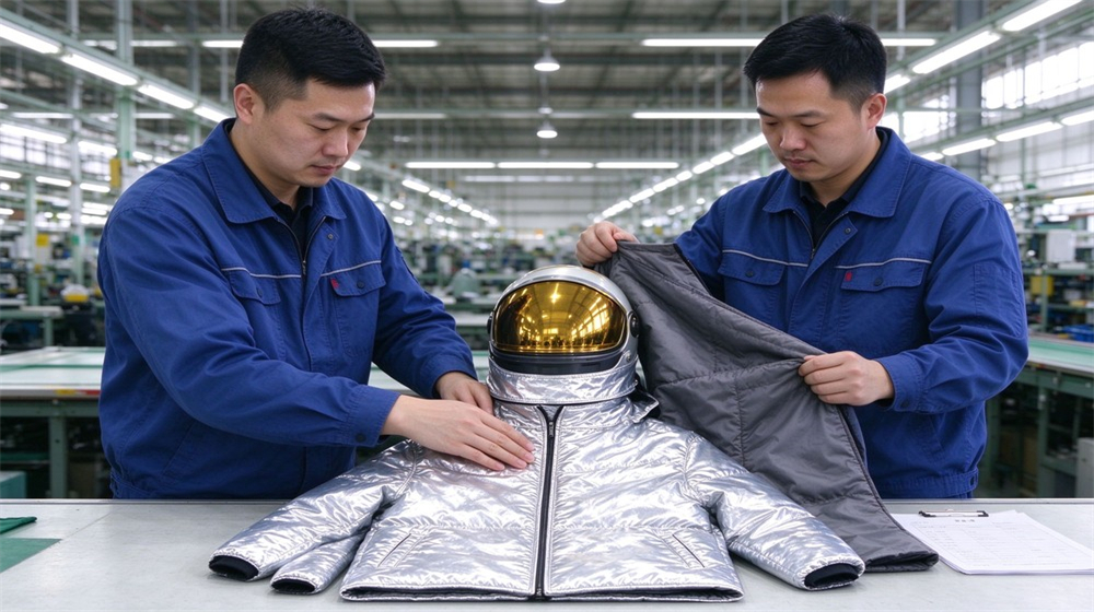 Front view of heavy duty protective molten metal furnace front suit, Two Asian quality inspectors checking the aluminized outer layer and lining of, demonstrating professional info use in industrial safety environment, designed for wholesale bulk supply and industrial safety procurement. Front view of heavy duty protective molten metal furnace front suit, Two Asian quality inspectors checking the aluminized outer layer and lining of, demonstrating professional info use in industrial safety environment, designed for wholesale bulk supply and industrial safety procurement.