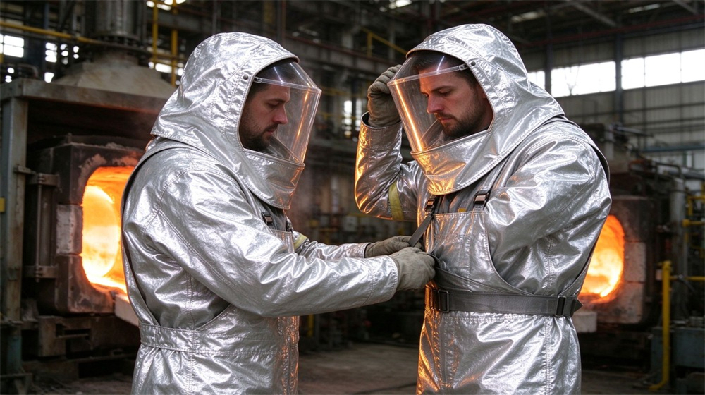 Side angle of heavy duty protective molten metal furnace front suit, Two western furnace workers adjusting the closure straps and face shield of, demonstrating professional application use in industrial safety environment, designed for wholesale bulk supply and industrial safety procurement.