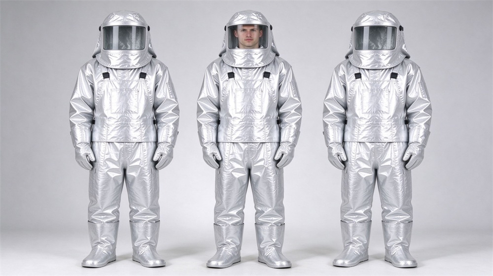 45 degree angle of heavy duty protective molten metal furnace front suit, Silver furnace suit family lineup of three models on white background, wholesale, demonstrating professional comparison use in industrial safety environment, designed for wholesale bulk supply and industrial safety 45 degree angle of heavy duty protective molten metal furnace front suit, Silver furnace suit family lineup of three models on white background, wholesale, demonstrating professional comparison use in industrial safety environment, designed for wholesale bulk supply and industrial safety