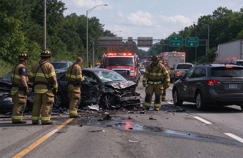 Daytime highway crash scene with firefighters and rescue personnel working, traffic accident emergency response supplies and highway collision rescue equipment for disaster relief organizations