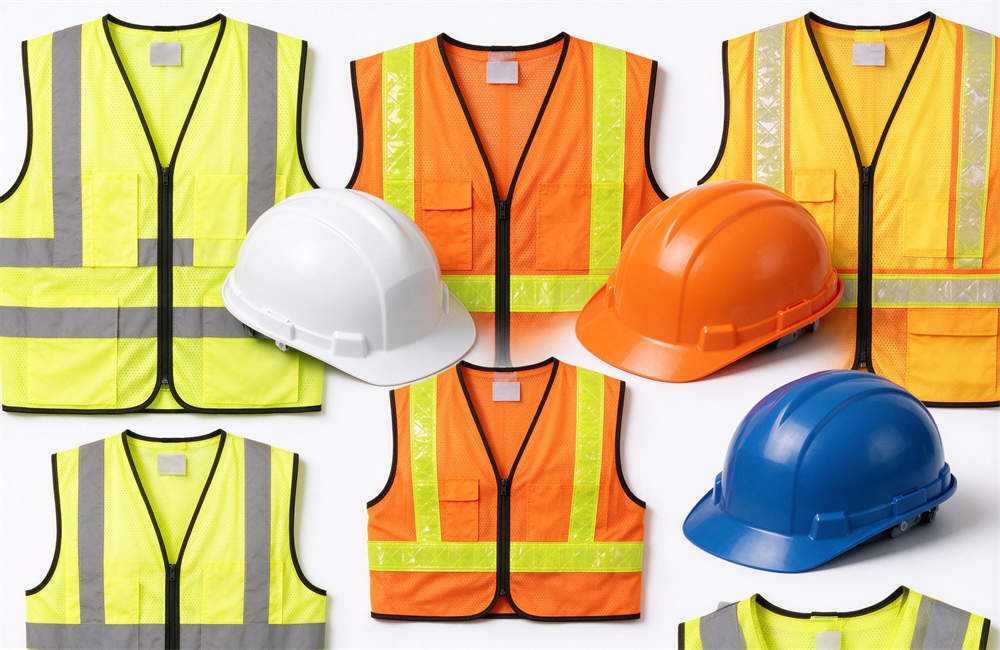 Multiple high visibility reflective vests in yellow and orange, safety hard hats in white orange and blue, traffic accident PPE and highway rescue personal protective equipment