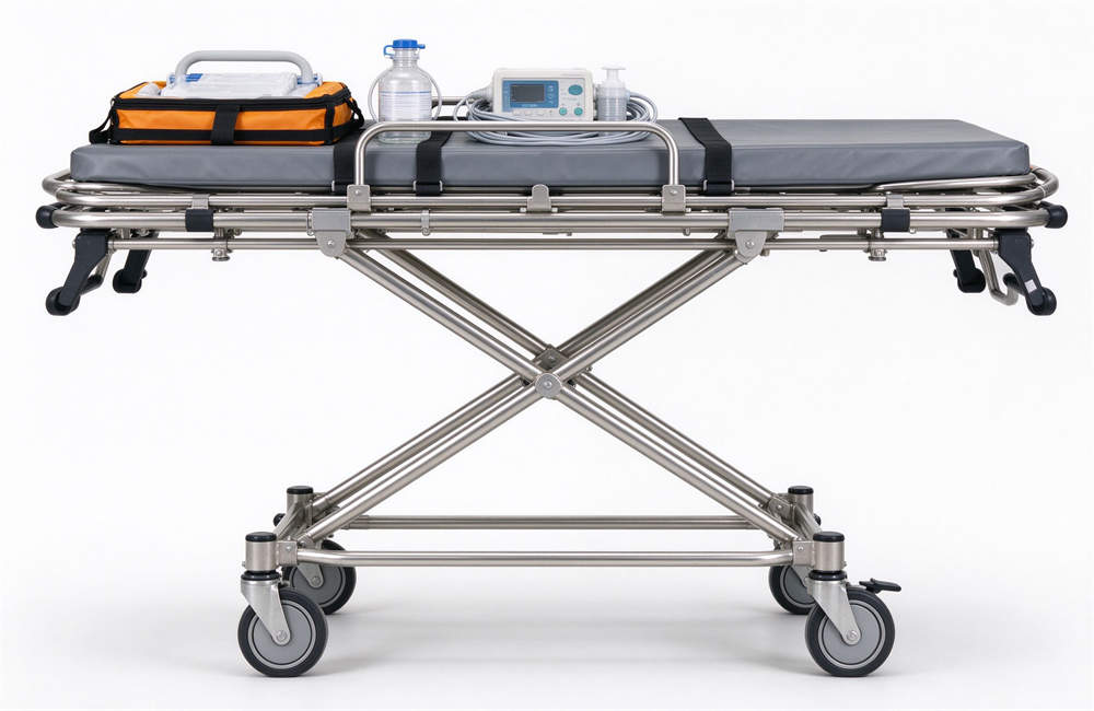 Stainless steel folding rescue stretcher trolley, emergency medical stretcher and ambulance cot equipment for highway crash victim transport and emergency medical services
