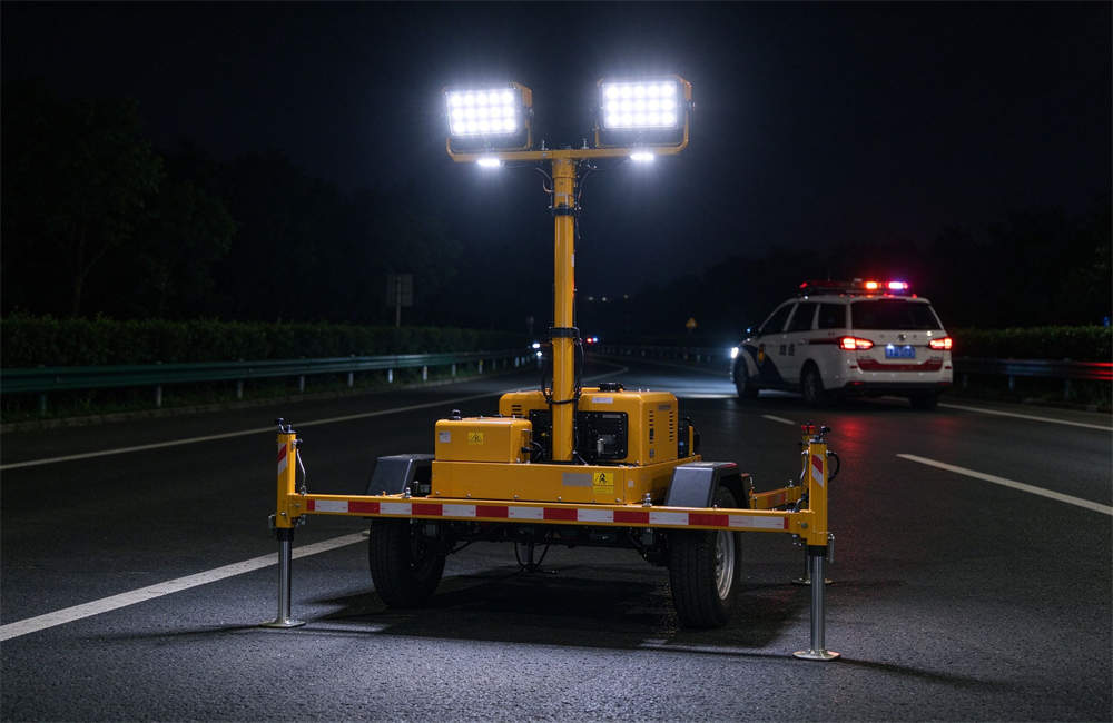 Yellow mobile lighting tower operating on highway at dusk, emergency lighting equipment for night time highway crash scene and road rescue operations