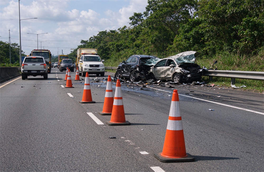 Orange traffic cones lined up along highway shoulder guiding traffic, road safety traffic control supplies and highway crash scene perimeter equipment