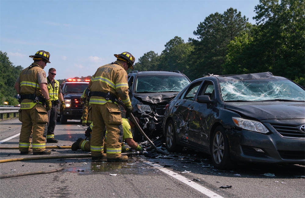 Firefighters working at daytime highway crash scene, extrication tools and traffic accident rescue equipment for highway collision emergency response operations