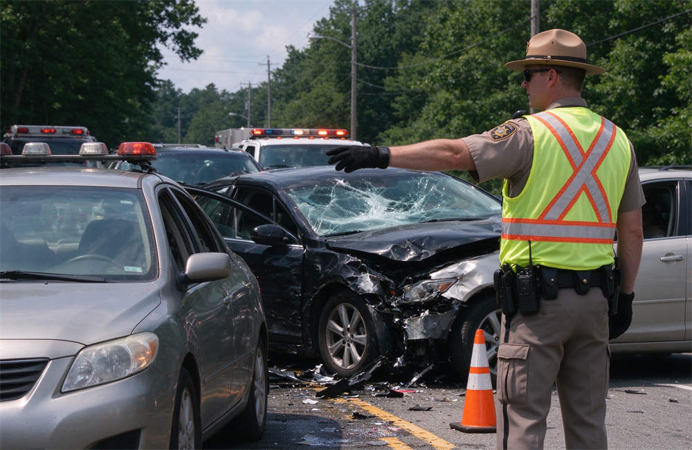Police officer in reflective vest directing traffic at accident scene, traffic control and scene safety equipment for highway crash response and road rescue operations