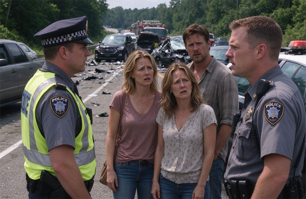 Accident family member talking to police officer on roadside, victim family support and highway crash response coordination for emergency services operations