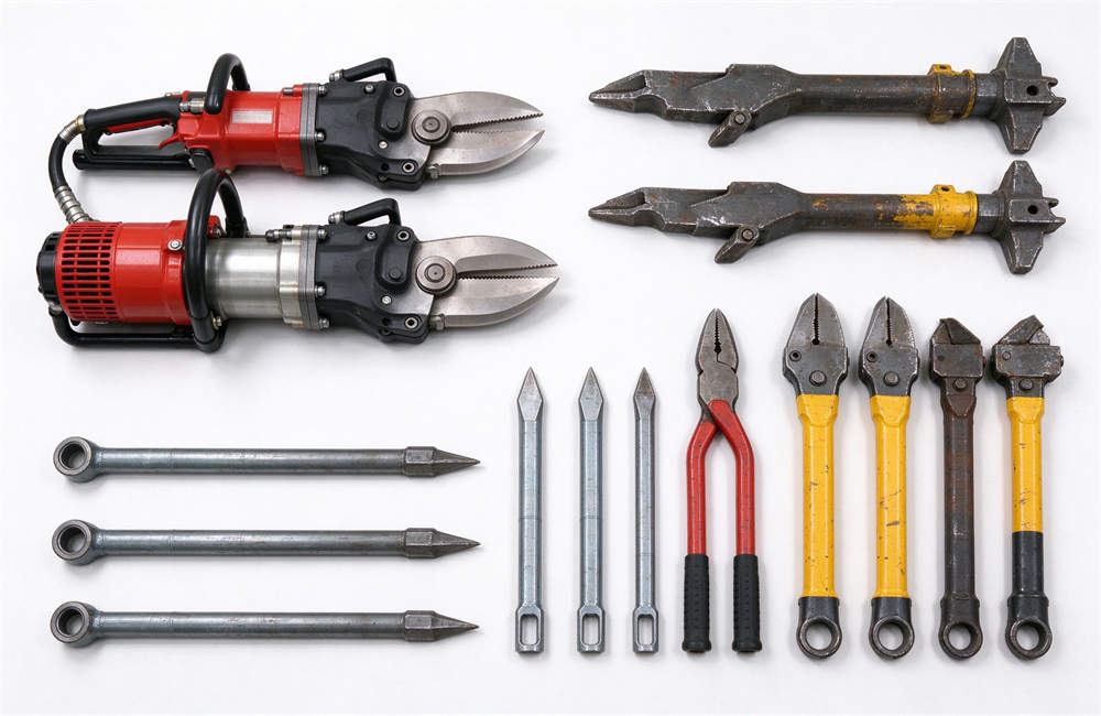 Hydraulic cutters, pry bars, wrenches and extrication tools flat lay, vehicle rescue tools and Jaws of Life equipment for highway crash victim extrication operations