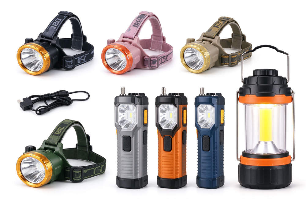 LED headlamps in multiple colors, work lights and camping lanterns flat lay, emergency lighting equipment for highway crash night rescue and road side emergency operations