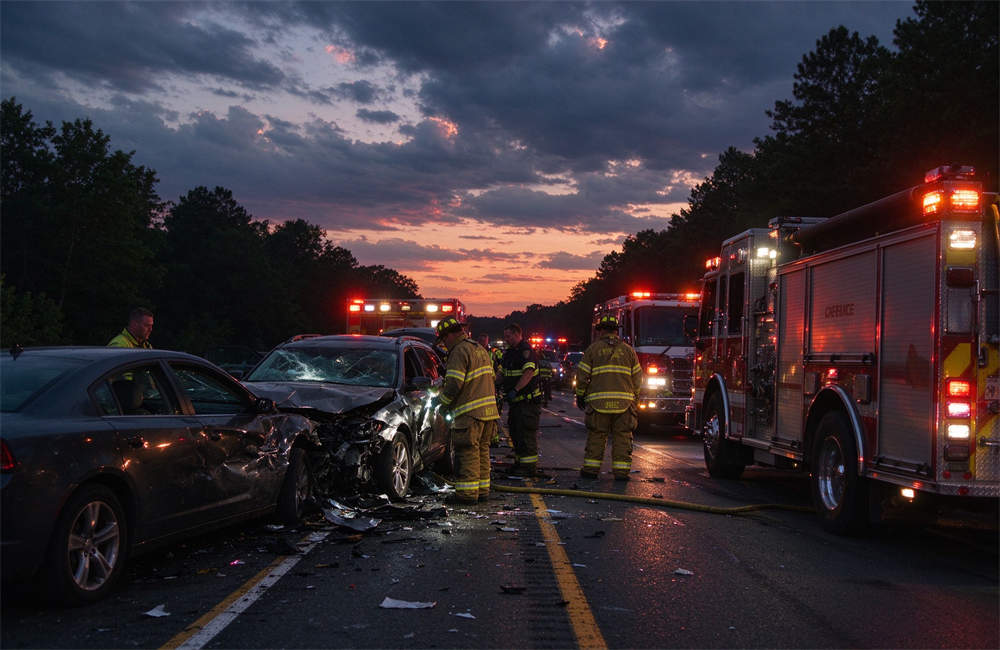 Dusk time highway crash scene with fire truck lights flashing, night time emergency lighting and highway rescue operations at twilight traffic accident site